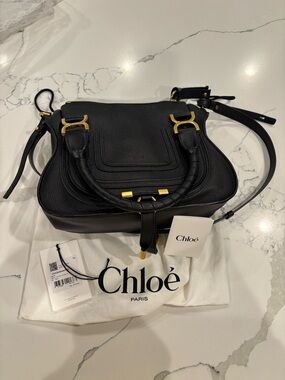 Chloé Marcie Black Pebbled Leather Satchel with Gold Hardware (small)